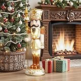 LuxenHome 3FT Tall Nutcracker Christmas Decoration, Lighted Holiday Nutcracker Soldier Statue with Gem Accent and Scepter, Christmas Decorations Indoor, Outdoor Figures for Front Porch, Gold and White