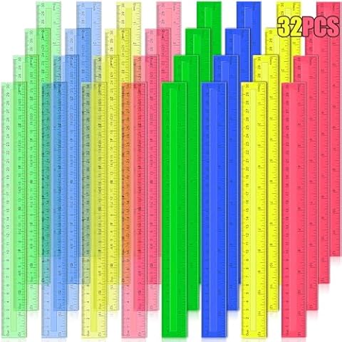 12 Inch Plastic Rulers, 32 PCS Transparent Assorted Color Metric Bulk Rulers with Inches Centimeters Millimeter. Measuring Drawing Tool for Kids, Ideal Back to School Office Home Supplies Cover
