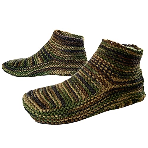 Knit Slippers for Men - Custom Camo Hand Knit Slipper Socks – Bespoke Slippers - Camouflage Yarn Handmade Knitted Slippers – Manly Moccasin House Shoes Unisex Booties for Warm Feet – Cozy Knitted Slippers for Men – Gift for Husband Boyfriend Friend (13-14, Camo)
