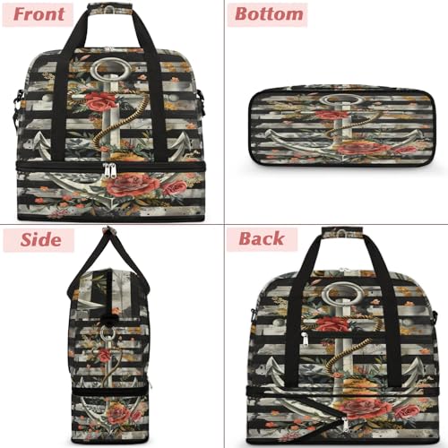 Travel Duffel Bag with Shoe Compartment, Anchor Rose Pattern Shoulder Weekender Bags for Women, Foldable Waterproof Travel Bag Carry on Bag3
