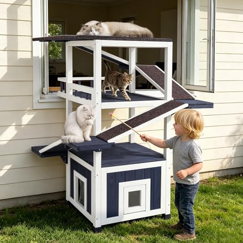 Pawpuler Luxury 4-Tier Outdoor Cat Tree Tower Weatherproof Cat House Condo with Balcony Waterproof Outside Cat Shelter Enclosure for Multiple Cats