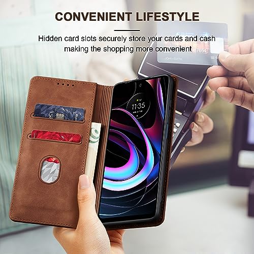 Image of Jasonyu Flip Wallet Case for Motorola Edge 5G UW /Moto Edge (2021),Leather Magnetic Folio Cover with Card Holder,Kickstand - TPU Shockproof Durable Protective Phone Case,Brown