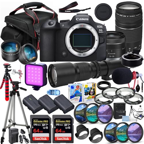 Canon EOS R6 Mark II Mirrorless Camera with 24-50mm & 75-300mm Lens Bundle + 500mm Telephoto + Premium Package Including 128GB Extreme Memory, Mic, LED Light, Software & More (41 Pieces) (Renewed)