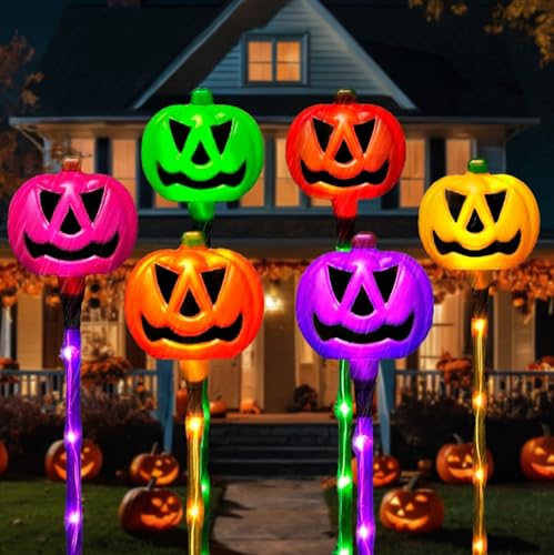 6 Stück Kürbis Solarlampen für Außen, Halloween Garten Deko...