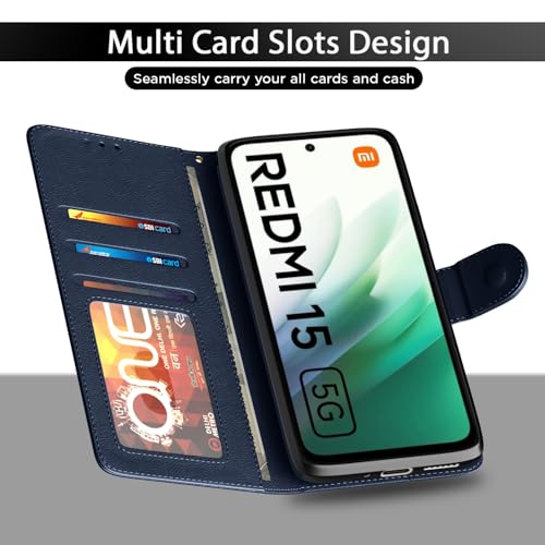 Image of Pikkme Flip Cover for Redmi 15 5G Leather Finish | Inside TPU with Card Pockets | Wallet Stand and Shock Proof | Complete Protection Flip Case(Blue)