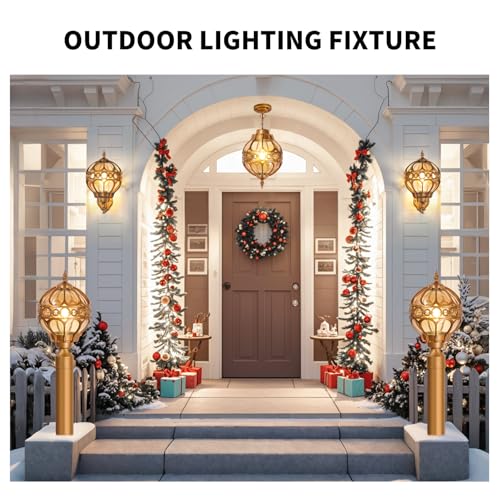 Dusk to Dawn Outdoor Wall Light Fixtures, Gold Exterior Aluminum Waterproof Porch Lights, Globe Anti-Rust Outside Sconce Lantern Wall Mount with Amber Glass for Patio Backyard Garage Doorway, 2 Pack