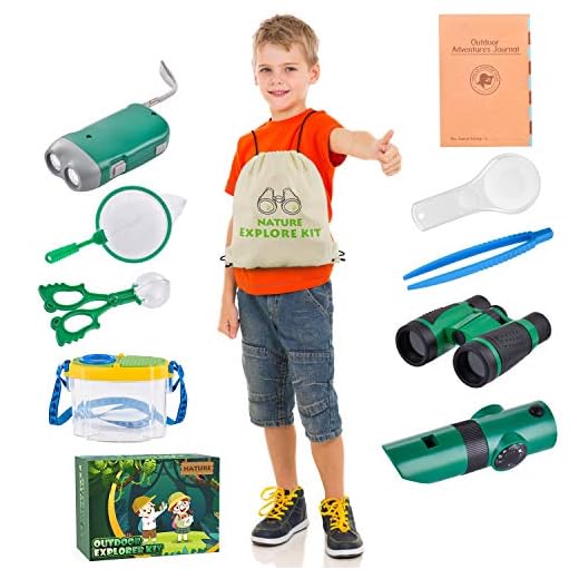 Outdoor Explorer Kit, Bug Catcher Kit with Binoculars, Magnifying Glass, Bug Container, Flashlight, 5 in 1 Tool, Butterfly Net and Backpack Educational Toys for Boys Girls Age 3-12 Camping Hiking
