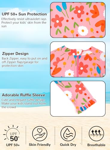 Image of Alakuoti Long Sleeve One Piece Ruffle Swimsuit for Toddler Girls Baby Girl Rashguard Shirt with UPF 50+ Sun Protection