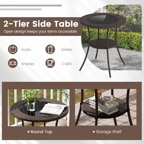 Image of Giantex Round Rattan Wicker Outdoor Coffee Table Glass Top Steel Frame Patio Furniture W /Lower Shelf (Round)