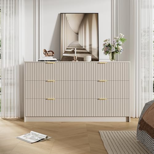 Image of Furniway Beige Dresser for Bedroom, Modern Dresser with 6 Drawers and Smooth Slides, Wide Chest of Drawers with Golden Handles for Bedroom, Living Room, Closet, 15.7 inch D x 55.1 inch W x 31.4 inch H