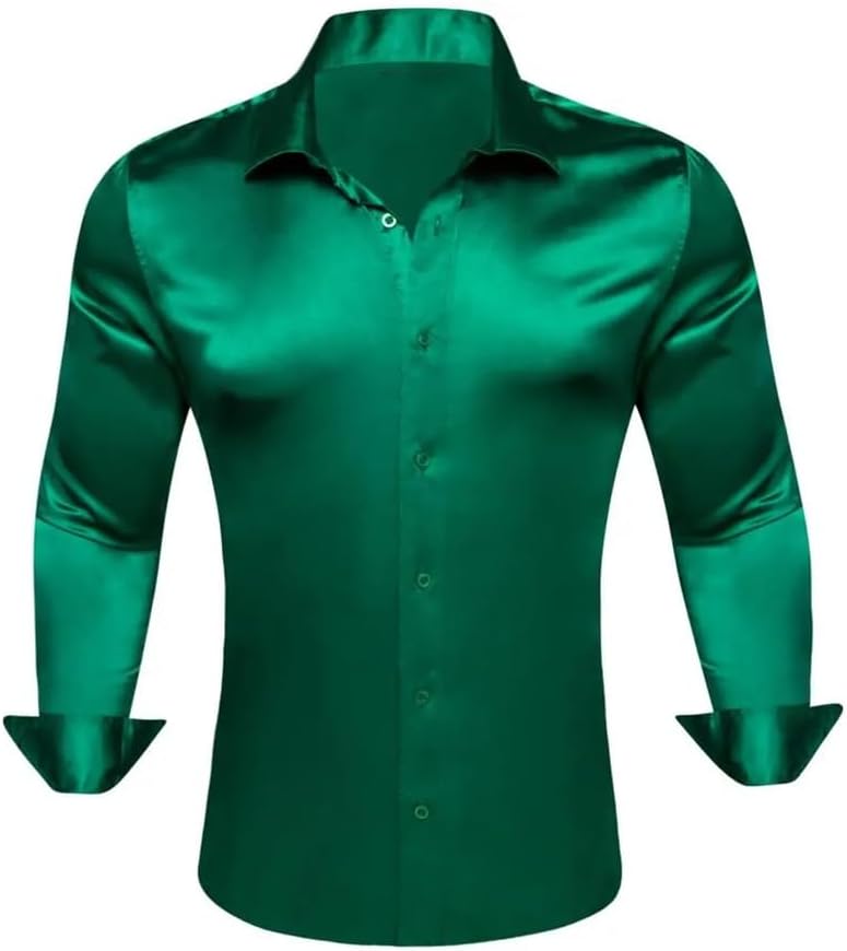 Mens Shirts Silk Mercerized Satin Green Long Sleeve Casual Business Slim Fit Male Blouses Tops