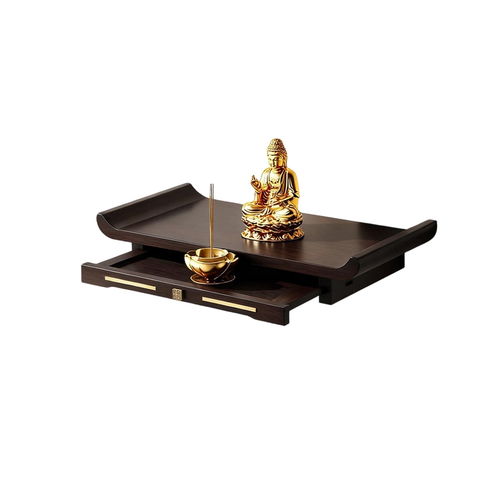 JNTFNE 2cm Cinnamon Camphor Wood Altar Table, Wall Mounted Buddhist Shrine with Drawer, Space-Saving Home Worship Decor for Living Room(Black Walnut,38cm/14.9in)