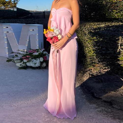 Two Piece Maxi Skirt Sets for Women Strapless Ruffles Tube Tops High Waist Long Skirts Summer Outfits Set3