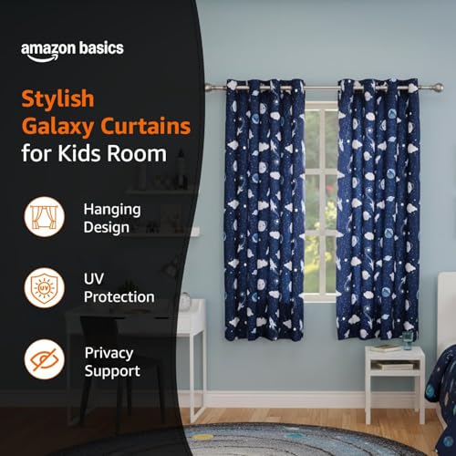Image of Amazon Basics - Kids Room Darkening Digital Printed Window Curtains, 80-85% Room Darkening | 5 Feet |Set of 2| Digital Print | Kids Curtain |for Living Room and Bedroom | 115cmx 150cm, Design-Galaxy