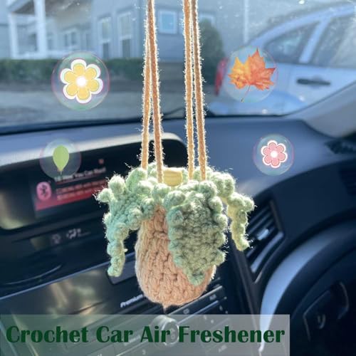 Image of Crochet Hanging Plant Car Air Freshener，10ml Empty Refillable Car Diffuser Bottle with Potted Plants Car Mirror Hanging Accessories Car Air Hanging Fragrance Oil Diffuser (Fern)