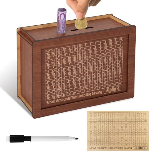 YISH Retro Hucha de 5000 Euros:Hucha con Objetivo de Ahorro y Números para Marcar, con Contador, Hucha Reutilizable, con Bolígrafo Borrable, Lámina de 3000 Euros