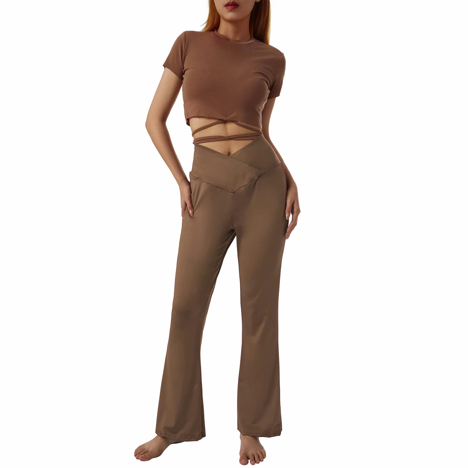 Tsnbre Womens Yoga Pants Leggings High Waisted Wide Leg Yoga Flare Pants Tummy Control Workout Running Pants Brown