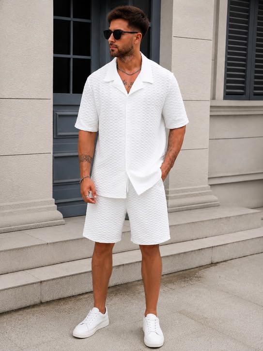 Image of Zilcon Men's Textured Co-Ord Set | Half Sleeve Cuban Collar Shirt & Shorts | Casual Summer Lounge Wear | Premium Matching Outfit