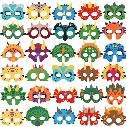 TAOVEN 30-Pack Felt Dinosaur Masks for Kids Birthday Party Supplies | Reusable Dino Theme Decorations, Dinosaur Party Favors for Toddlers Boys Girls