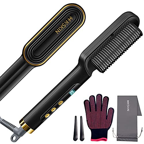 Small Ceramic Hair Straightening Brush - Anion Hair Straightener Brush Screen Display, Fast Heating Hair Brush with 9 Temp Settings, Hair Straightener Comb for Women, Home, Travel and Salon ( Gold )