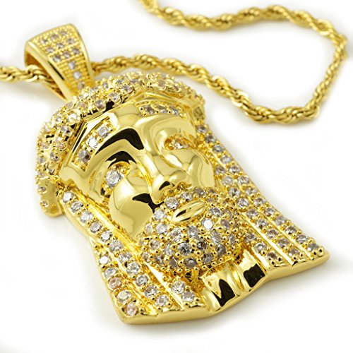 Niv's Bling 18K Gold Plated Iced Mini Jesus Piece Pendant with Rope Chain