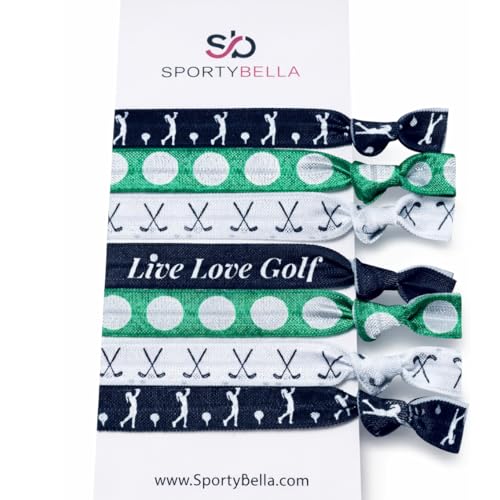 Sportybella Girls Hair Ties For Golf Accessories, 7 Count - Hair Elastics With Golf Club Design, No Crease Hair Ties For Female Golfers - Green, Black