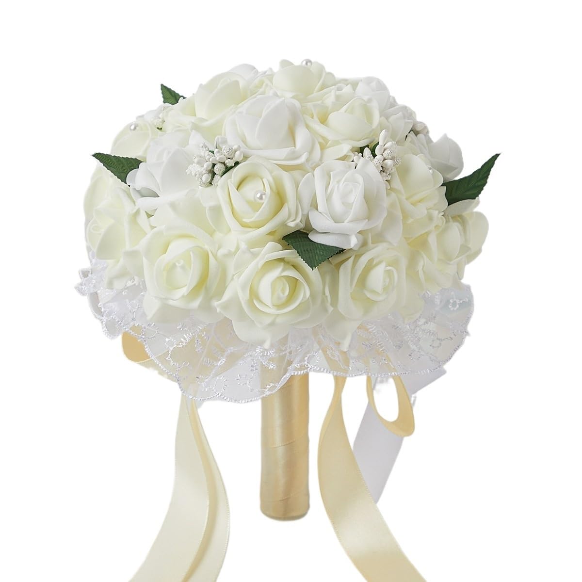 Huffa Milkywhite Artificial Wedding Bouquet For Bride And Bridesmaids - Lace And Bow Ribbon Design(Milkywhite)