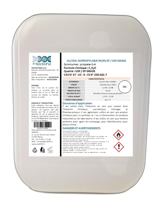 Alcool isopropylique 99,9% Isopropanol grade EP USP liquide en 10L