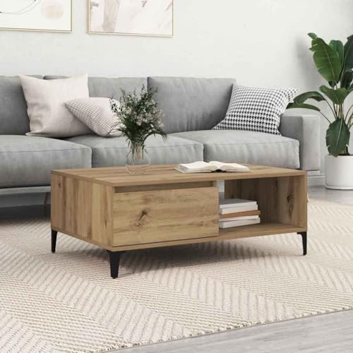 Tonture Couchtisch Artisan-Eiche 90x60x35cm, Holzwerkstoff, Metallrahmen, Industriestil, mit Ablage, für Wohnzimmer, Moderner Beistelltisch, Rustikales Design, Praktischer Stauraum
