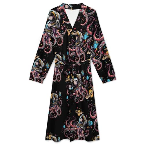 Octopus Astronaut Soft Robe Long Sleeve Bathrobes V Neck Sleepwear Spa Robes with Belt Men Woman3