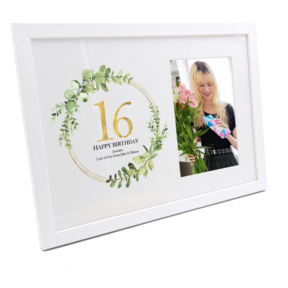 Ukgiftstoreonline White Personalised 16Th Birthday Gift For Her Photo Frame Gold Wreath Design