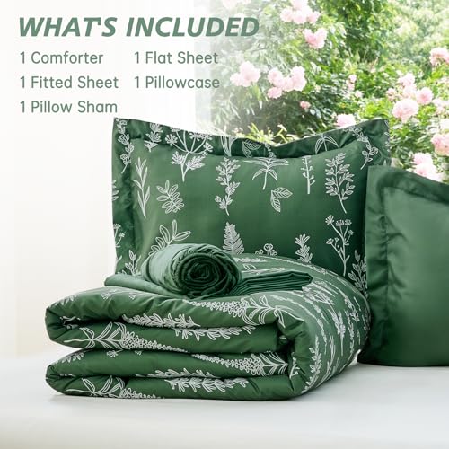 Image of MUXHOMO Dark Green TwinXL Comforter Set, Elegant Floral Print Bed in a Bag 5 Pieces, Ultra Soft & Breathable Reversible Botanical Pattern Bedding Set with Comforter, Sheets, Pillowcase, and Sham