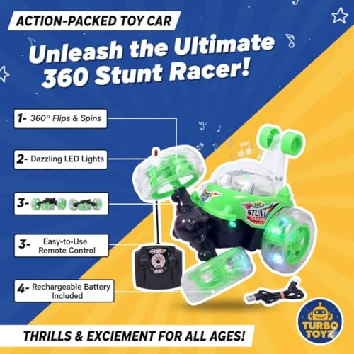Image of Pink 360 Rotating Stunt Car Toy for Kids - LED Light Up Off-Road RC Vehicle with Flip & Spin Action, Rechargeable Electric Remote Control Car for Girls, Boys, Toddlers (RC 360 (Green))