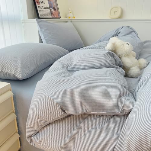 Image of mixinni Striped Duvet Cover Set- 100% Washed Cotton Blue Comforter Cover with White Pinstripe Stripes Pattern Printed Bedding Set with Zipper Closure, 3 Pieces,Full Size