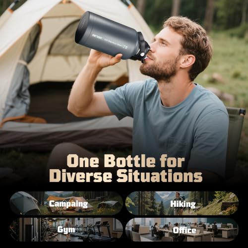 Image of ONETIGRIS Tactical Half Gallon Water Bottle with Straw - 64 oz Vacuum Insulated Stainless Steel Water Jug, Leakproof Sport Bottle with 3 BPA Free Lids, Paracord Handle & MOLLE Water Pouch for Outdoor