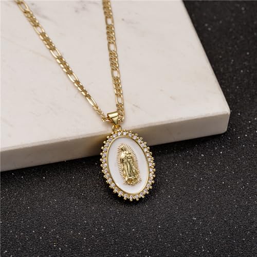 Gold Guadalupe Virgin Mary Necklace for Women Men Teens, 14K Gold Plated Oval Zircon Inlay Oil Drip Virgin Mary Pendant with Stainless Steel Figaro Chain Necklace3