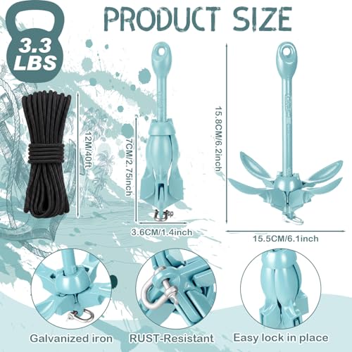 Image of MorningRo 1 Pack 1.5 /3.5 lb Marine Kayak Anchor Kit with 40ft Rope and Buoy Folding Grapnel Boat Anchor Kit Kayak Fishing Accessories for Small Boats, Canoe, SUP Paddle Boards