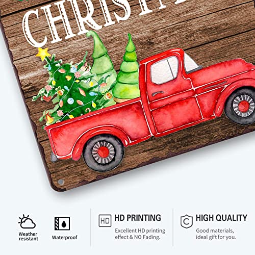 Image of Merry Christmas Metal Tin Sign - Vintage Red Truck Wall Decor, 'Have Yourself A Merry Little Christmas' Sign for Home Decorations, 8x12 Inch