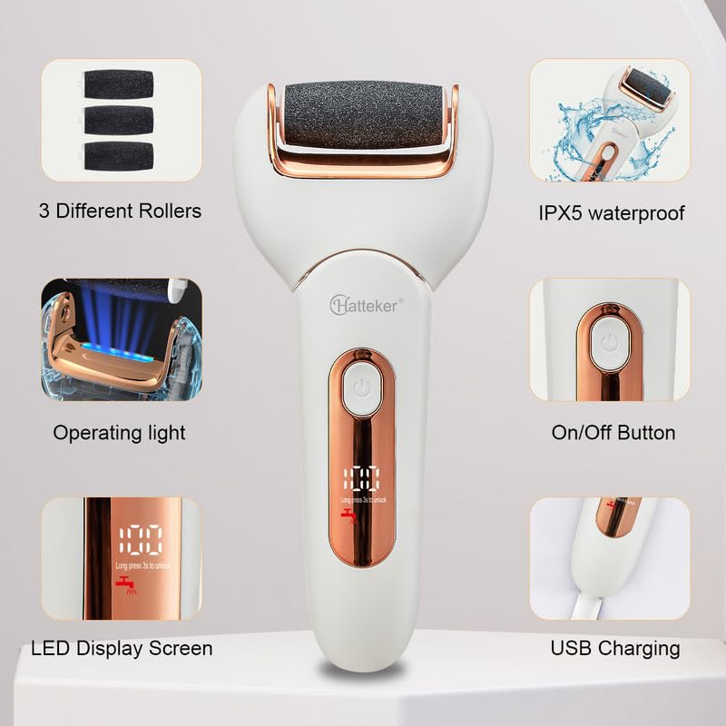 HATTEKER HT-528 Electric Callus Remover for Feet, Rechargeable Callus Remover Pedicure Tools 3 Roller Head & 2 Speed, Digital Display, Foot Care Pedicure Kit for Foot Dead Skin and Calluses, 240 mins 2 51Sko8u2+eL