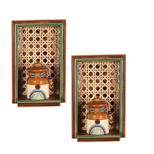 Image of AAKRITI ART CREATIONS Handcrafted Mirror Cane Hanging Shelf with Storage Barni Set of 2 | Wooden & Ceramic Wall Hanging Shelves with Storage Jars | Matte Finish Shelf for Kitchen & Living Room