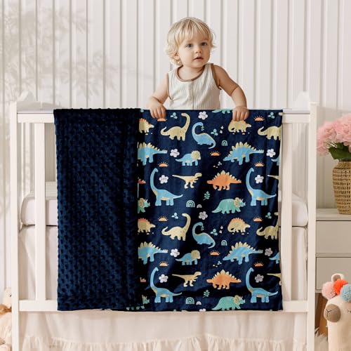 Image of PHF Minky Baby Blanket for Boys, 40x50 Inches Soft Double Layer Baby Blankets with Dotted Backing, Receiving Blanket Bed Throws for Newborn, Infant, Babies, Navy Dinosaur