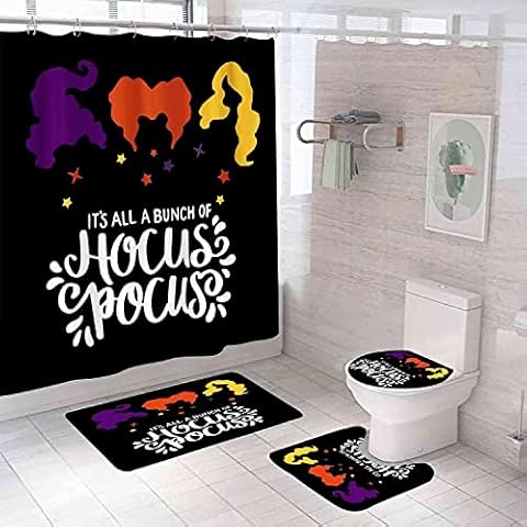 Blaward Halloween Hocus Pocus 4Pcs Shower Curtain Set, Polyester Shower Curtain and Rug Sets Halloween Bathroom Decor, Waterproof Shower Curtain with 12 Hooks and Toilet Rugs Cover