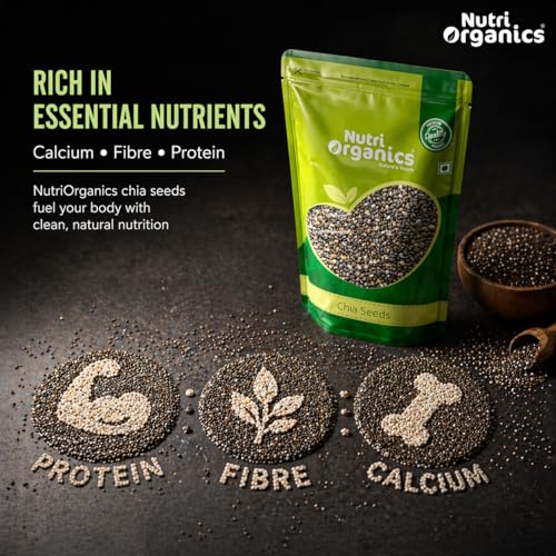 Image of NutriOrganics Raw Unroasted Chia Seeds for Eating with Omega 3 and Fiber for Weight Loss Management - 200 Gram