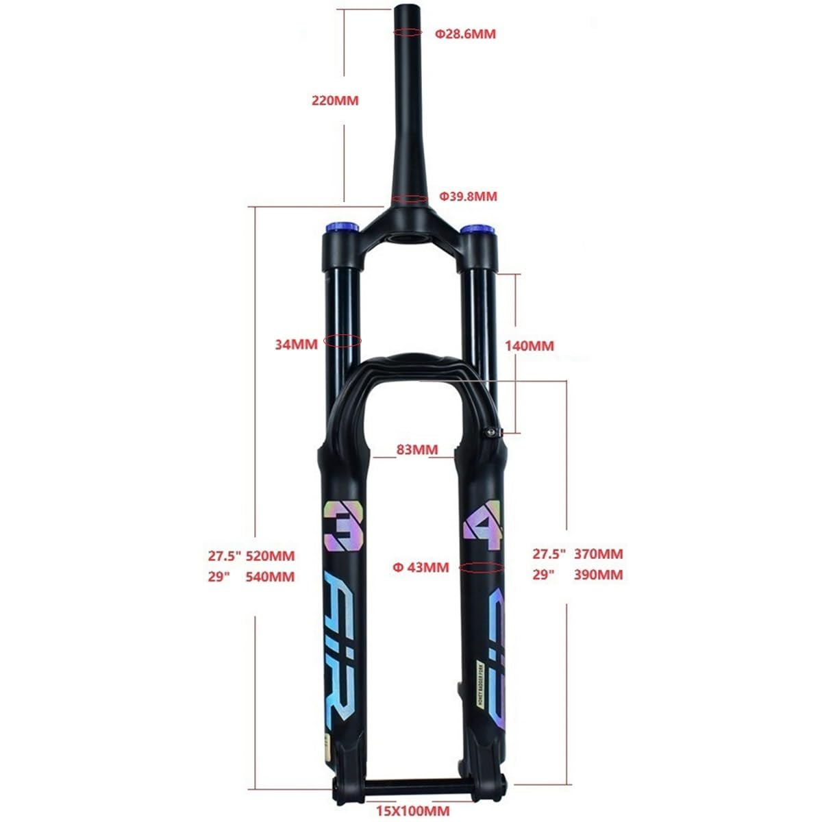Forcella Anteriore ad Aria per Mountain Bike da 27,5 e 29 Pollici, Escursione 140 mm, Perno Passante 15×100, Tubo Conico da 1-1/2'' con smorzamento Regolabile.
