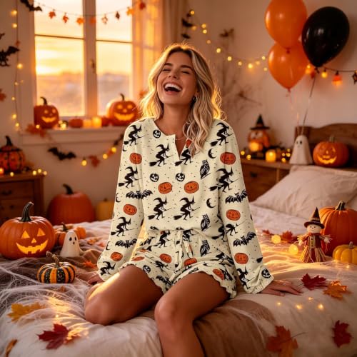 Image of Roshop Halloween Pajama Women's Pumpkin Matching Top & Shorts Loungewear Set