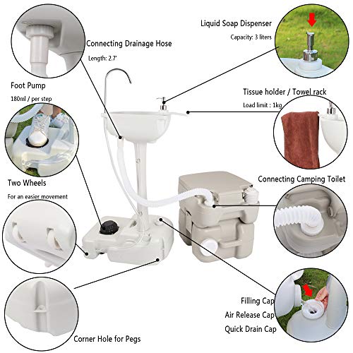 Wash Basin Sink Portable Toilet Flush Wastewater Recycled with Faucet & Garden Pipe Perfect for Outdoor Events, Gatherings, Worksite & Camping