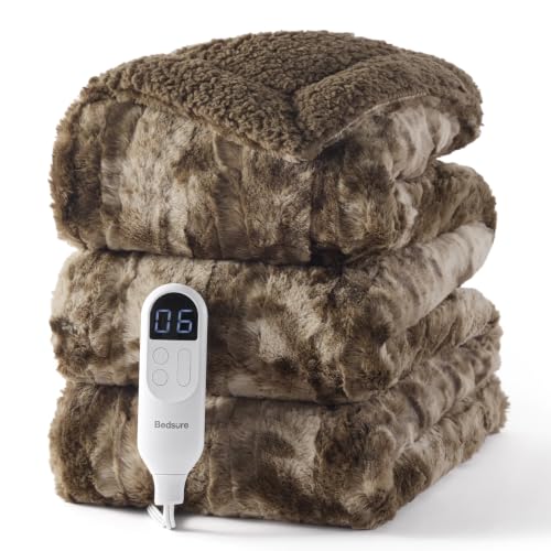 Image of Bedsure Faux Fur Heated Blanket Full Size, Tie-Dye Electric Blanket, Brown