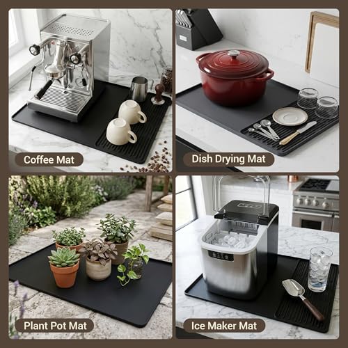 Image of Silicone Coffee Mat for Countertop, 24x16 inch Heat Resistant Espresso Machine Mat, Non-Slip Coffee Bar Mat with Detachable Drying Area and Raised Edge, Waterproof Station Pad - Black