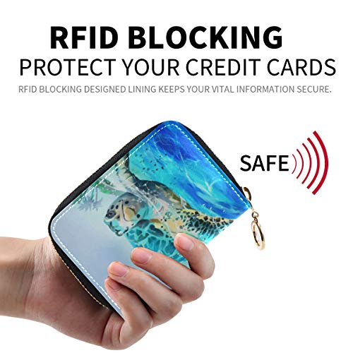 MOYYO RFID Credit Card Holder Case Watercolor Drawing Sea Turtle Leather Printed Zipper Card Case Wallet for Women Girls2
