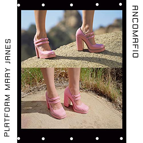 Ancomafio Women’s Mary Janes Square Toe Platform Heels Chunky Heeled Pumps Twice Loafer Ankle Strap Mary Janes Shoes3